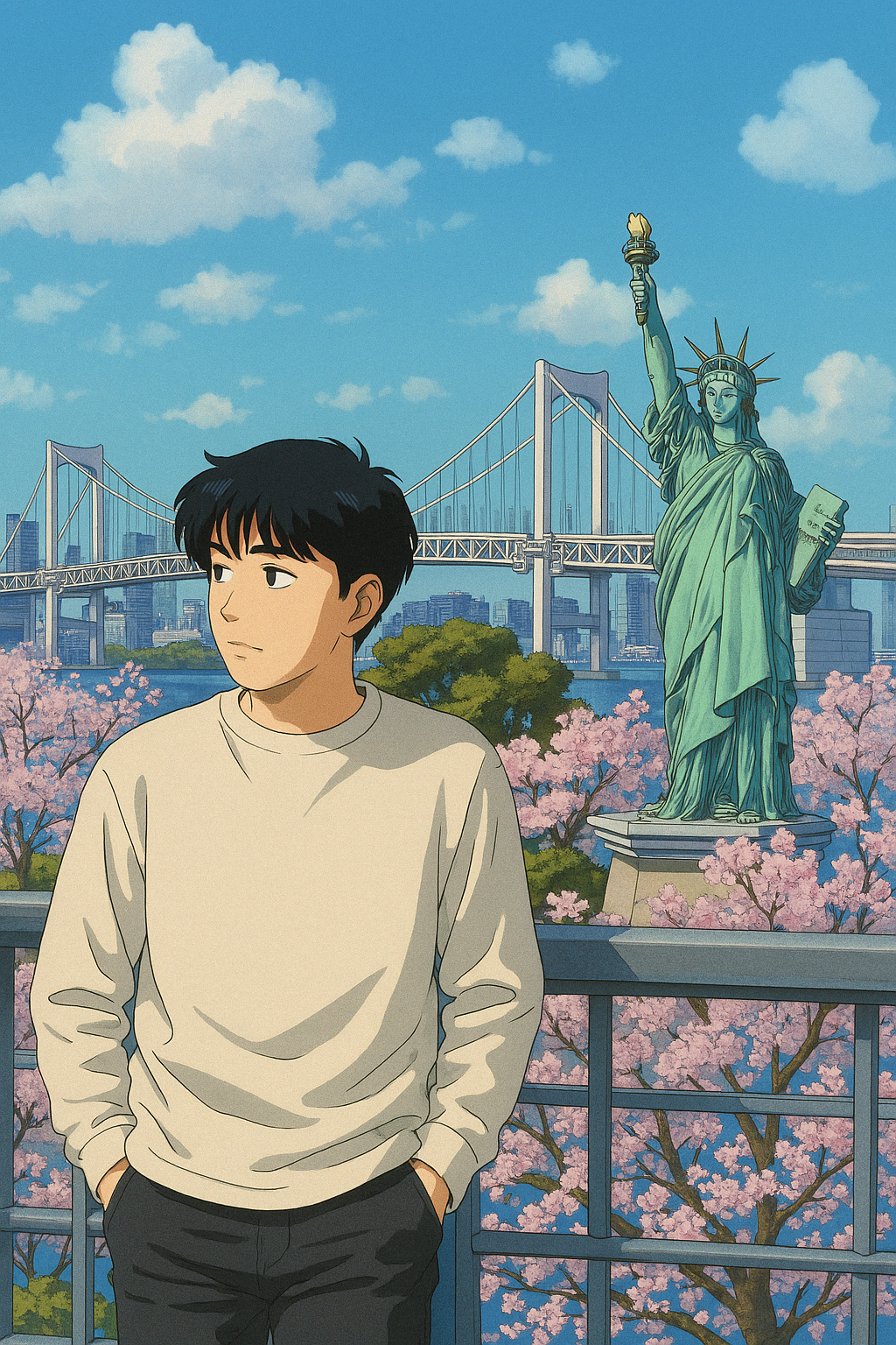 Anime-style illustration showing a character in front of the Statue of Liberty